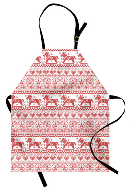 Ambesonne Nordic Apron, Pattern of Horses Hearts and Angels Norwegian Motifs Winter Time, Unisex Kitchen Bib with Adjustable Neck for Cooking Gardening, Adult Size, Vermilion White