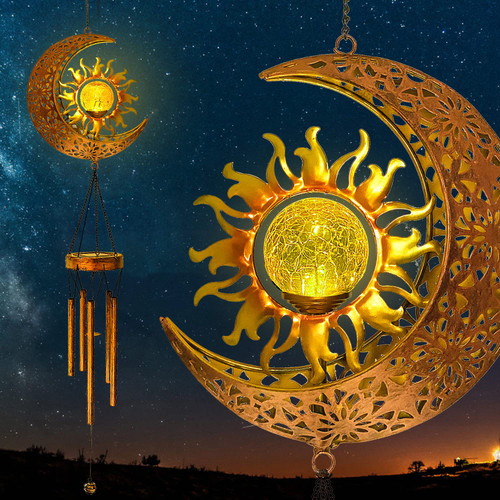 Sun Moon Solar Wind Chimes - Outside Garden Decor Solar Wind Chimes with Cracked Glass Ball for Memorial Gifts, LED Hanging Waterproof Outdoor Decor for Yard Patio(Moon&Sun)