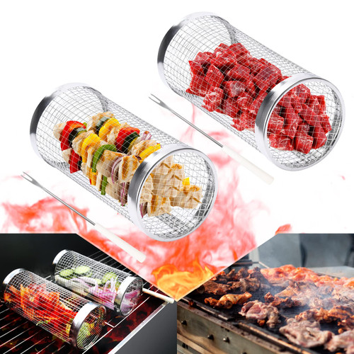 2 PCS Rolling Grilling Basket, Grill Basket Stainless Steel BBQ Grill Mesh, BBQ Grill Basket Accessories Rolling Grill Basket for Outdoor Grill for Fish, Shrimp, Meat, Vegetables, Fries 2 PCS Rolling Grilling Basket, Grill Basket Stainless Steel BBQ Grill Mesh, BBQ Grill Basket Accessories Rolling Grill Basket for Outdoor Grill for Fish, Shrimp, Meat, Vegetables, Fries