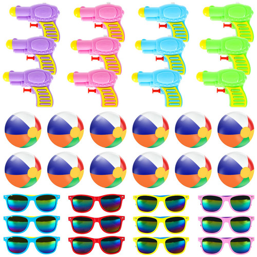 Whaline 36 Pcs Beach Pool Party Favors Bulk Colorful Inflatable Beach Balls Neon Sunglasses Water Toys for Tropical Summer Pool Party Decorations Water Sand Game Accessory