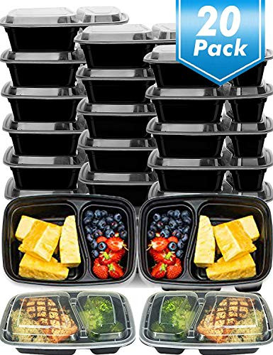 Meal Prep Containers?20 Pack? 2 Compartment with Lids, Food Storage Lunch Bento Box Containers| BPA Free Stackable | Microwave| Dishwasher| Freezer Safe Reusable for Portion Control, 33oz