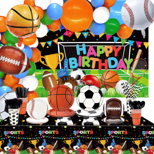Sports Theme Birthday Party Decorations - Including Happy Birthday Backdrop, Tableware, Tablecloth and Balloons Garland Arch Kit, Soccer Basketball Baseball Football Theme Party Supplies, Serves 20 Sports Theme Birthday Party Decorations - Including Happy Birthday Backdrop, Tableware, Tablecloth and Balloons Garland Arch Kit, Soccer Basketball Baseball Football Theme Party Supplies, Serves 20