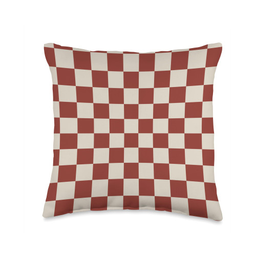 Beige Rust Checkered, Checkerboard Pattern Retro Aesthetic Throw Pillow, 16x16, Multicolor