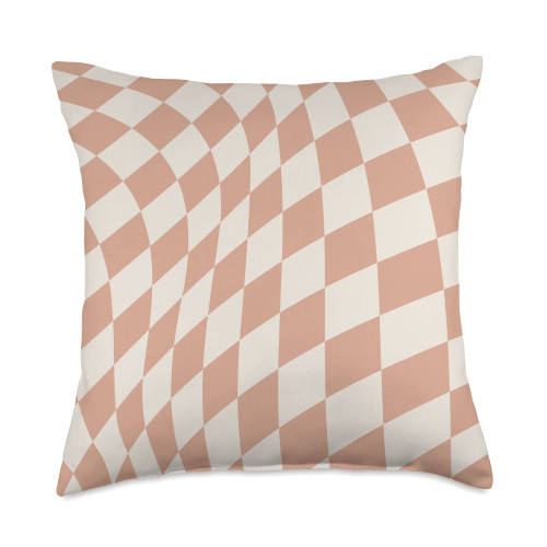 Cool Checkered Designs by LOU Beige Classic Checker Checkerboard Wavy Swirl Throw Pillow, 18x18, Multicolor