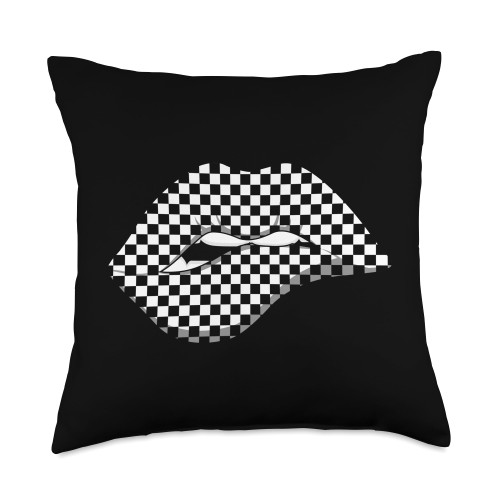 Checkered Gift Black & White Accessories & Stuff Cool Checkered for Women Girls Lip Checkerboard Car Racing Throw Pillow, 18x18, Multicolor