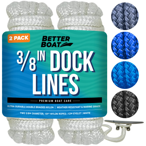 Dock Lines Boat Ropes for Docking 3/8" Line Double Braided Mooring Marine Rope 15FT Nylon Rope Boat Dock Line for Docking Ropes for Boats with Loop Boating Rope Braided 15' Feet Ties White 2 Pack