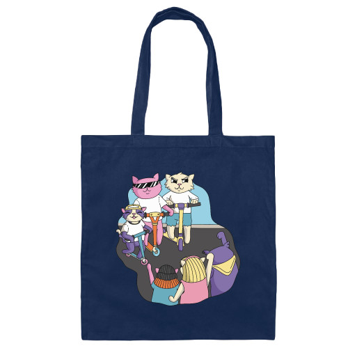 Cute Cartoon Cats in Scooters Gift for Animal Lovers Kids and Adults Navy Black Multicolor Canvas Tote Bag