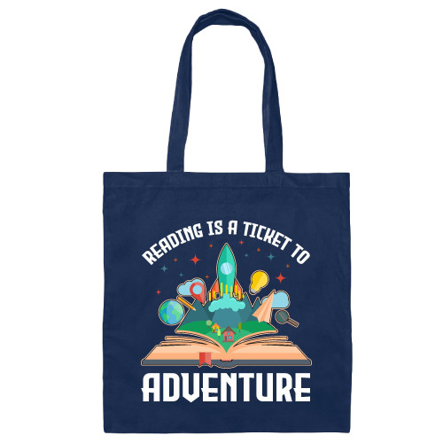 Gift Ideas for Teachers Book Lovers or Librarians Reading Is A Ticket To Adventure Space Rocket Tote Bag Reader Navy Black Multicolor Canvas Tote Bag