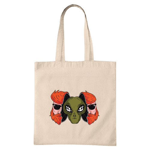 Unique Alien Head Gift for Sci Fi Fans Two Part Opening Design Natural White Multicolor Canvas Tote Bag