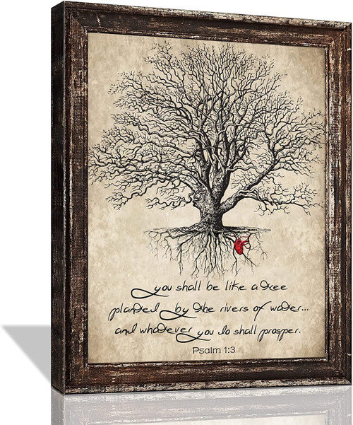 MountFlow Tree of Life Wall Art Scripture Christian Wall Decor Vintage Bible Verse Canvas Painting Tree Pictures Religious Poster Retro Framed Artwork for Bedroom Living Room Church 12''x16''