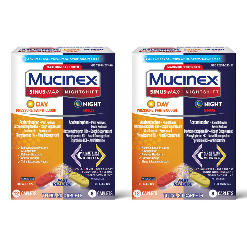 Maximum Strength Mucinex Sinus-Max Pressure, Pain & Cough & Nightshift Sinus Caplets, Fast Release, Powerful Multi-Symptom Relief, 20 caplets (12 Day time + 8 Night time) (Pack of 2)