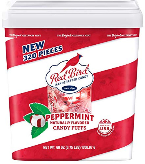 Red Bird Soft Peppermint Candy Puffs 60 oz Tub w/Handle | 320 pieces | Gluten Free | Kosher | Free from Top 8 Allergens | Made with 100% Pure Cane Sugar | Individually Wrapped Candy