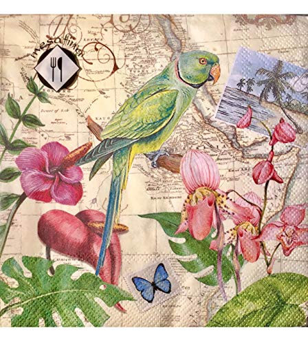 MesaFina Luncheon Paper Napkins, Parrot Tropical Travel Map, 20 ct