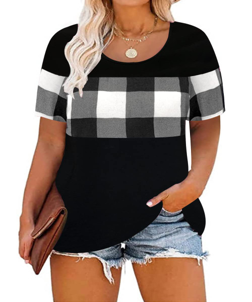 CARCOS Plus Size Women Tops 3X Checkered White & Black Short Sleeve Summer Tshirt Color Block Pullover Shirt Crew Neck Tunic 3XL 22W 24W CARCOS Plus Size Women Tops 3X Checkered White & Black Short Sleeve Summer Tshirt Color Block Pullover Shirt Crew Neck Tunic 3XL 22W 24W
