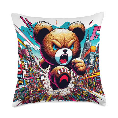 Teddy Bear Rampage Rampaging Teddy Bear's City Adventure Throw Pillow, 18x18, Multicolor