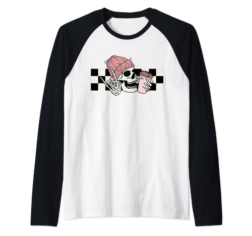 Skeleton Peace Sign Coffee Checkerboard Raglan Baseball Tee