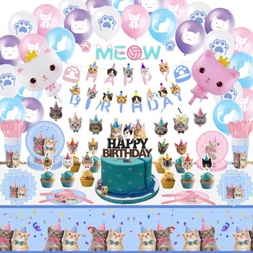 Cat Birthday Party Supplies, Cat Party Decorations Include Birthday Banner, Balloons, Tableware, Cake&Cupcake Toppers, Foil Balloons, Birthday Decorations for Cat