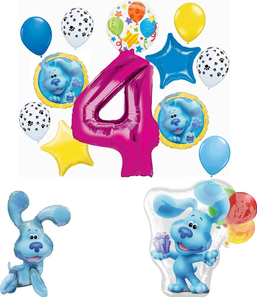 Blue's Clues 4th Birthday Party Supplies Blue the Dog Table Topper Balloon Bouquet Decorations Pink Number 4