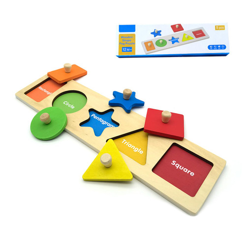 DHinkyoung Wooden Shape Peg Puzzles, Montessori Educational Toy Baby Puzzle, 5 Geometric Shape Puzzle with Board Knob, Preschool Wooden Puzzles for Toddlers 1-3 Year Old