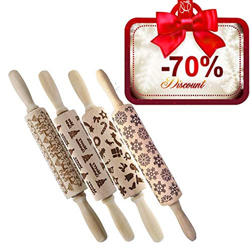 Christmas Wooden Rolling Pins Engraved Embossing Rolling Pin with Christmas Symbols for Baking Embossed Cookies (17in ABCD)