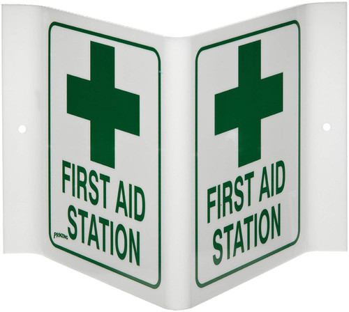 Brady 49382 9' Width x 6' Height x 4' Depth Acrylic, Green on White Standard 'V' Sign, Legend 'First Aid Station' (with Picto)