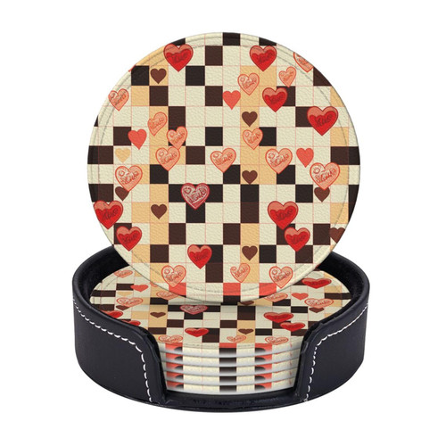 6pcs Drink Coasters with Holder, Leather Coasters for Drinks, Checkerboard Hearts Cup Coasters for Coffee Table Decor, Non-Slip Drinking Cup Mat for Hot Or Cold Drink 4"