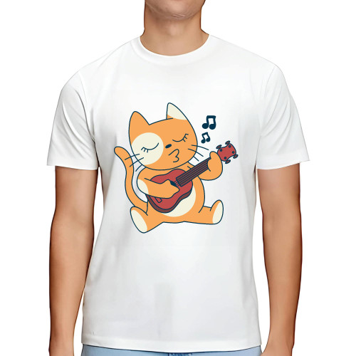 Cat Ukelele Gift Unique Pet Lover Illustration Present for Animal Lovers Men Women White Gray Multicolor T shirt
