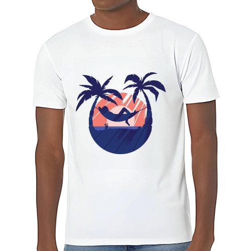 Gift for Relaxation Lovers Enjoy the Sunset from a Hammock Between Two Palms Holiday Gift Men Women White Gray Multicolor T shirt