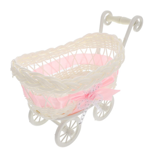 STOBOK Wicker Stroller Decoration Rattan Baby Carriage Baby Doll Stroller Woven Flower Basket Baby Shower Centerpiece Stroller for Baby Shower Party Favors Pink