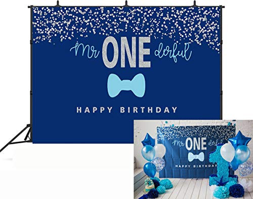 GYA 7x5FT Boys 1st Birthday Mr. Onederful Backdrop Blue Bow Tie Theme Blue and Silver Boy Toddler Little Man First Birthday Photoshoot Banner th94-7x5FT