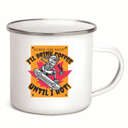 Skateboarding and Skeleton Gift for Coffee Lovers for Skaters and Skate Fans 12oz Enamel Silver Mug