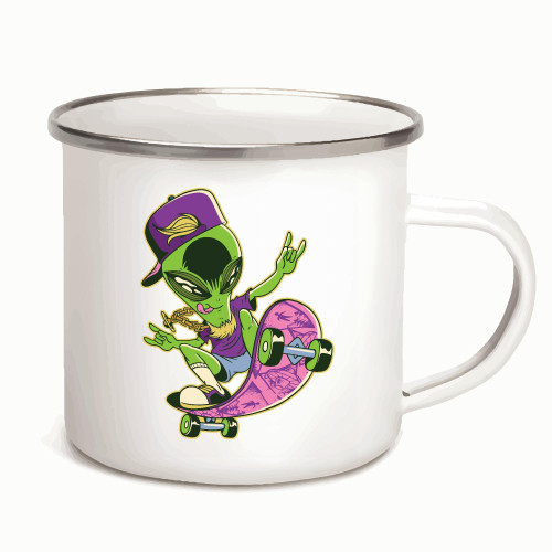 Skateboarding Gift for Alien Skater Fans 12oz Enamel Silver Mug