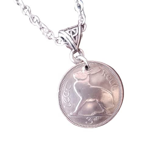 CoinageArt -Lucky Rabbit Necklace -Irish Rabbit Coin Necklace -Irish Connemara -Ireland -Domed 3 Pence Coin -Celtic -Harp -Eire -Hare -Lucky Coin 5181 A