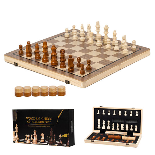 nicylin Chess and Checkers Set Wooden 15 inch Folding Chess Sets Portable Felted Interior Checkers Board Game with Storage for Travel 2