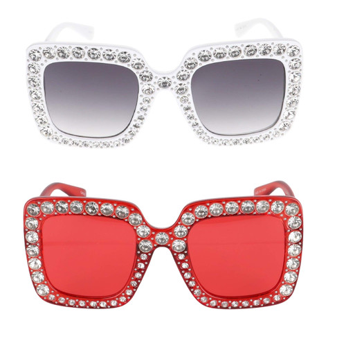 FLAWLESS Oversized Square Frame Bling Rhinestone Crystal Design Sunglasses For Women (2 PACK: White and Red)
