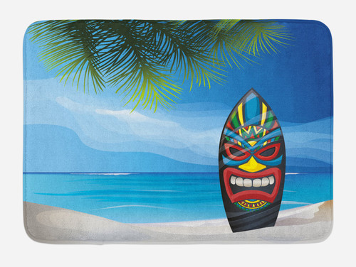Ambesonne Tiki Bar Bath Mat, Tiki Warrior Design Surfboard on Ocean Beach Abstract Landscape Surf Print, Plush Bathroom Decor Mat with Non Slip Backing, 30.2" x 20", Multicolor