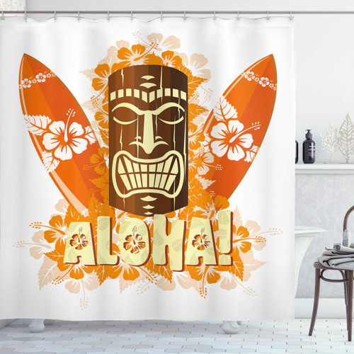 Ambesonne Tiki Bar Shower Curtain, Hibiscus Flora Burst Orange Surfboards Aloha Tropical Summer Season, Cloth Fabric Bathroom Decor Set with Hooks, 69" W x 70" L, Orange Brown Pale Yellow