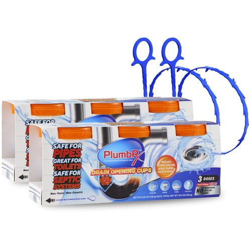 PlumbRx Drain Opener Powder | Hair Drain Clog Remover | Drain Cleaner For Toilets, Sinks, Tubs - Septic Safe | 6 Uses + 2 Hair Snakes
