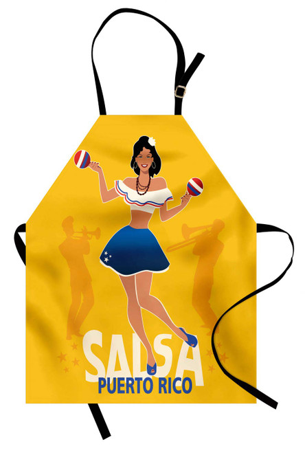 Lunarable Puerto Rico Apron, Salsa Dancing Girl with Maracas Trombonist and Trumpeter Silhouette on Backdrop, Unisex Kitchen Bib with Adjustable Neck for Cooking Gardening, Adult Size, Marigold