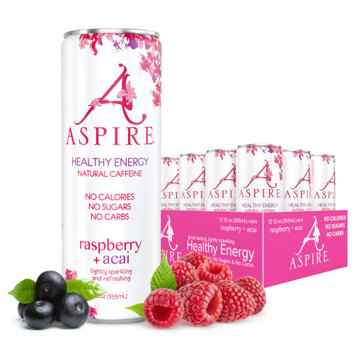 Aspire Healthy Energy Drink with Natural Caffeine - No Calories, Sugar and Carbs | Vitamins B, C, & Biotin | No Preservatives, Gluten Free | Suitable for Vegan, Kosher, Keto-Friendly |12 oz can, Raspberry Acai, 12 Fl Oz (Pack of 12)