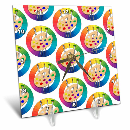3dRose Pattern of Artist Color Wheels and Paint Palette with Brushes. - Desk Clocks (dc_352662_1)