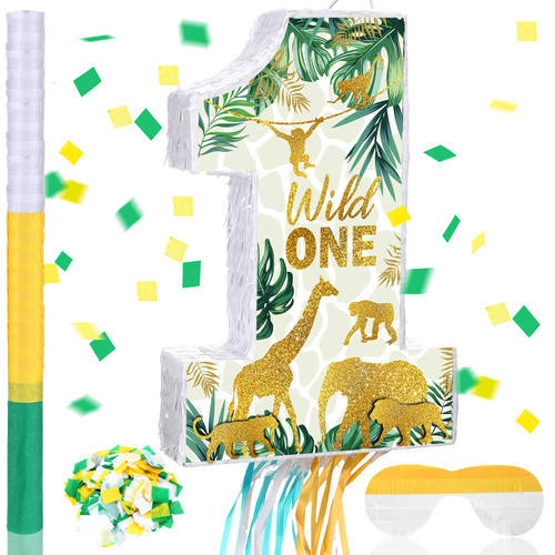 Number 1 Pinata for 1st Birthday Party Decorations Pinata Birthday Party Supplies for Boys Pinatas with Blindfold Pinata Stick Confetti (Jungle Animal)