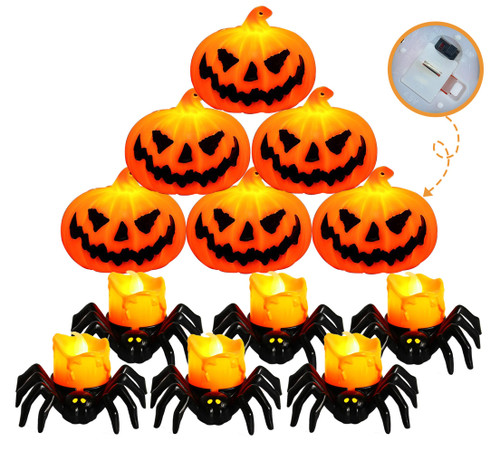 Aconcept 6 Pack Spider Flameless Candles and 6 Pack Pumpkin Candle Lights, Jack o 'Lantern, Halloween Pumpkins Lights LED Tealight Candles for Halloween
