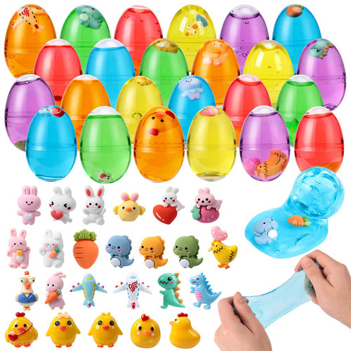ThinkMax 24 PCS Slime Easter Eggs with Toys, Silly Putty Egg Slime for Kids, Stress Relief Slime for Easter Basket Stuffers, Easter Hunt Games, Easter Party Favors