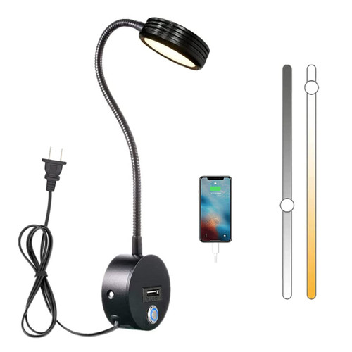 LYTLM LED Wall Reading Light, with Dimmable Touch Switch and USB Charging Port, Bedroom Flexible Gooseneck Bedside Lamp with 59" Plug, 5W Wall Mounted Light Headboard, 2700K-6500K (Black)
