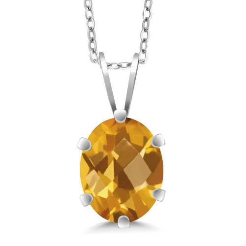 Gem Stone King 925 Sterling Silver Oval Checkerboard Shape Yellow Citrine Pendant Necklace For Women (1.60 Cttw, Gemstone Birthstone, with 18 Inch Chain)