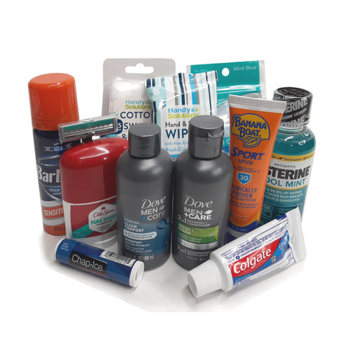 Handy Solutions 15 Piece Men's Travel Kit with Body Wipes, Sunscreen, Flossers, Lip Balm, and Cotton Swabs