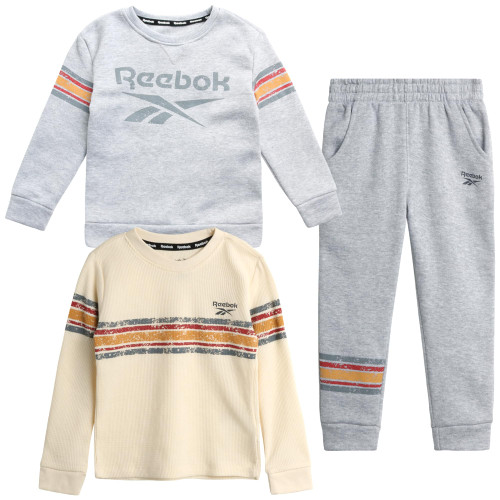 Reebok Boys Sweatsuit - 3 Piece Long Sleeve T-Shirt and Knit Jogger Sweatpants - Playwear Clothing Set for Toddler Boys, 2T-7, Size 4, Light Grey Heather