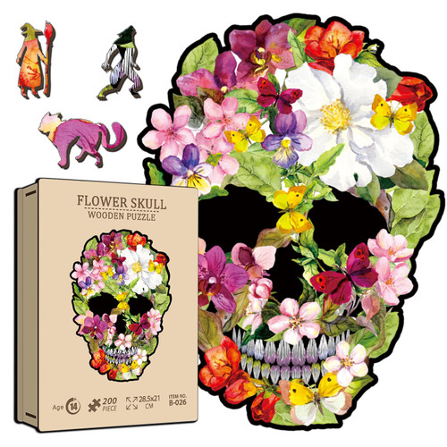 PICKFORU Flower Skull Wooden Jigsaw Puzzles for Adults, Horror Halloween Puzzle as Skull Decor, Cool Wooden Puzzle with Unique Shape