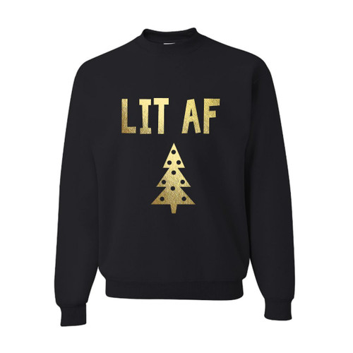 LIT AF Funny Christmas Sweater- Black with Gold Xmas Tree Ugly Christmas Sweatshirt (Medium)